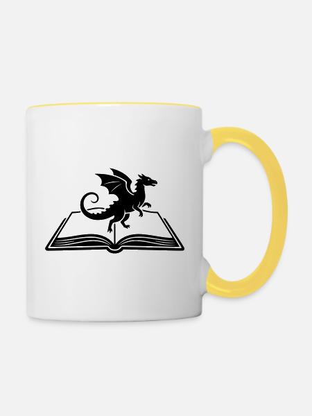 Drache auf Buch Fantasy - Tasse zweifarbig - Weiß/Gelb