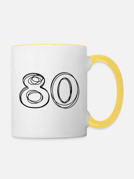 Zahl 80 handgezeichnet - Tasse zweifarbig - Weiß/Gelb