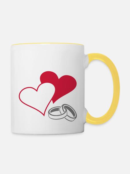 Herzen und Ringe - Tasse zweifarbig - Weiß/Gelb