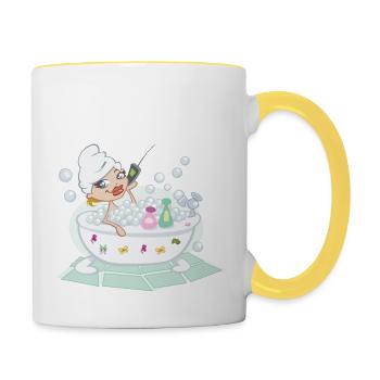 Woman Talking On The Phone In A Bubble Bath - Mug contrasté - blanc/jaune - Droite