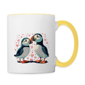Verliebte Papageientaucher, Love Puffins - Tasse zweifarbig - Weiß/Gelb - Rechts