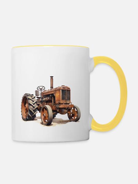 Technikgeschichte bei Traktoren - Tasse zweifarbig - Weiß/Gelb