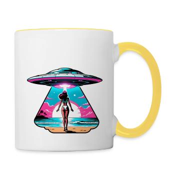 UFO-Begegnung am Strand bei Sonnenuntergang. - Tasse zweifarbig - Weiß/Gelb - Rechts