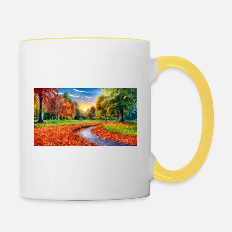 « L’étreinte dorée de l’automne : une scène de coucher de soleil sereine » - Mug contrasté - blanc/jaune