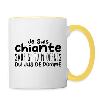 Frau, die Apfelsaft liebt. Lustiger Design-Humor - Tasse zweifarbig - Weiß/Gelb - Rechts