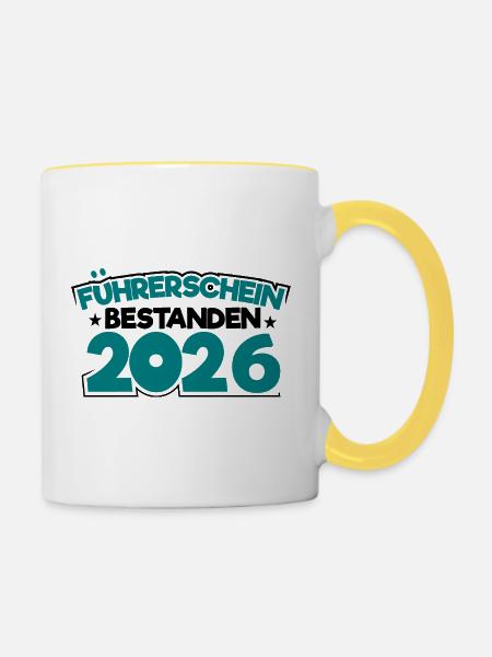 Führerschein 2026 Fahrprüfung Führerscheinprüfung - Tasse zweifarbig - Weiß/Gelb