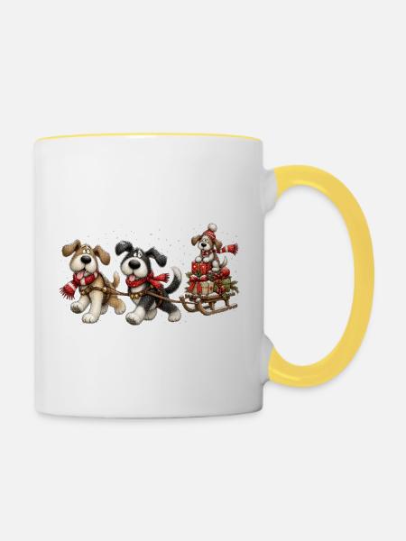 🎁 Weihnachts-Schlittenhunde - Tasse zweifarbig - Weiß/Gelb