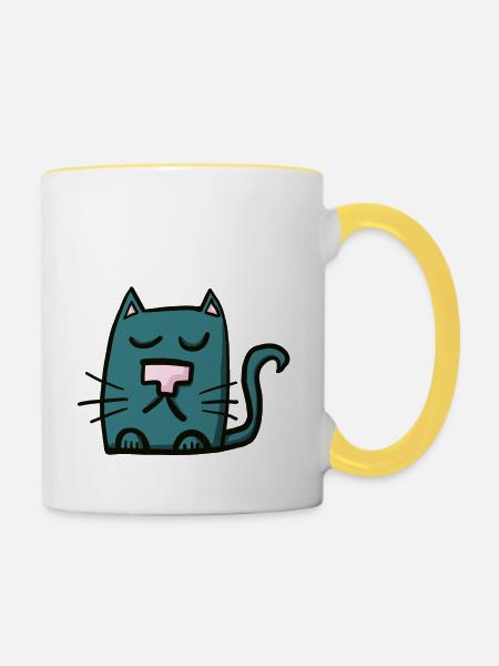 blaue Katze - Tasse zweifarbig - Weiß/Gelb
