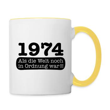 Jahrgang 1974 als die Welt noch in Ordnung war - Tasse zweifarbig - Weiß/Gelb - Rechts