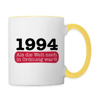 Geboren 1994 als die Welt noch in Ordnung war - Tasse zweifarbig - Weiß/Gelb - Rechts