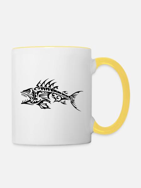 Fisch Tribal Knochen - Tasse zweifarbig - Weiß/Gelb