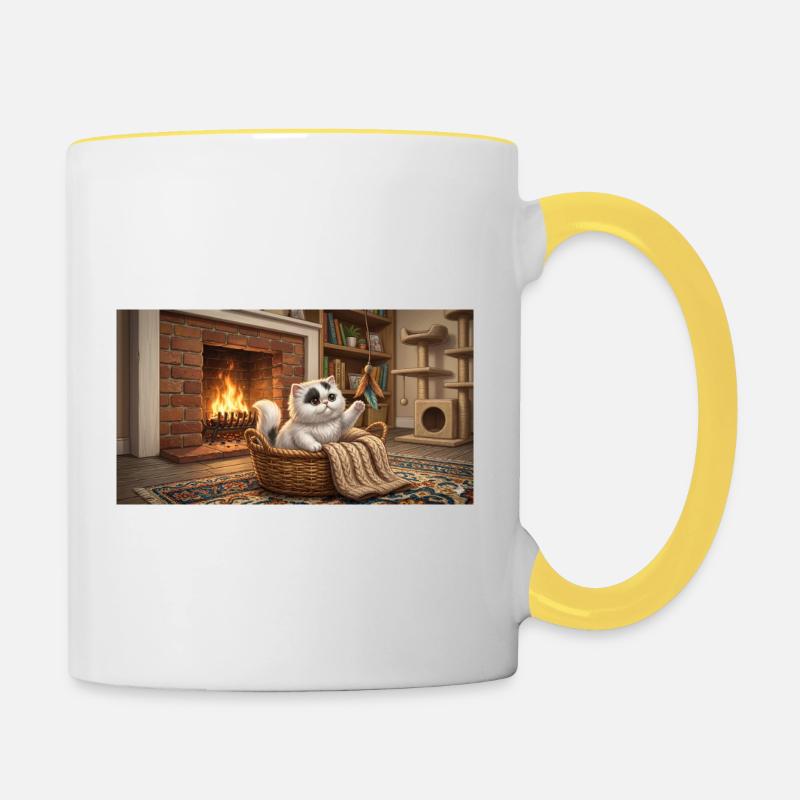 Chat douillet dans le panier près de la cheminée - Mug contrasté - blanc/jaune
