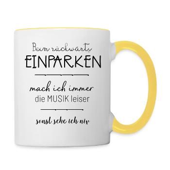 lustig Frauen Spruch Autofahren Einparken Geschenk - Tasse zweifarbig - Weiß/Gelb - Rechts