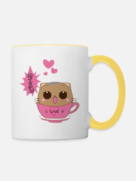 Katze süß - Tasse zweifarbig - Weiß/Gelb