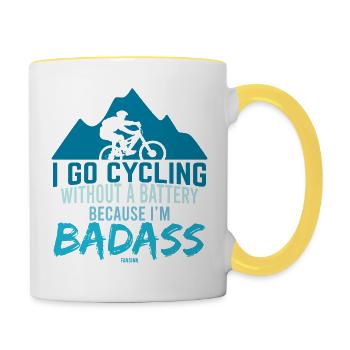 Fahrradfahren ohne Akku knallhart - Tasse zweifarbig - Weiß/Gelb - Rechts