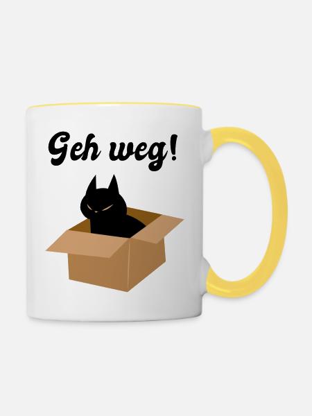 Grimmige schwarze Katze im Karton - Geh weg! - Tasse zweifarbig - Weiß/Gelb
