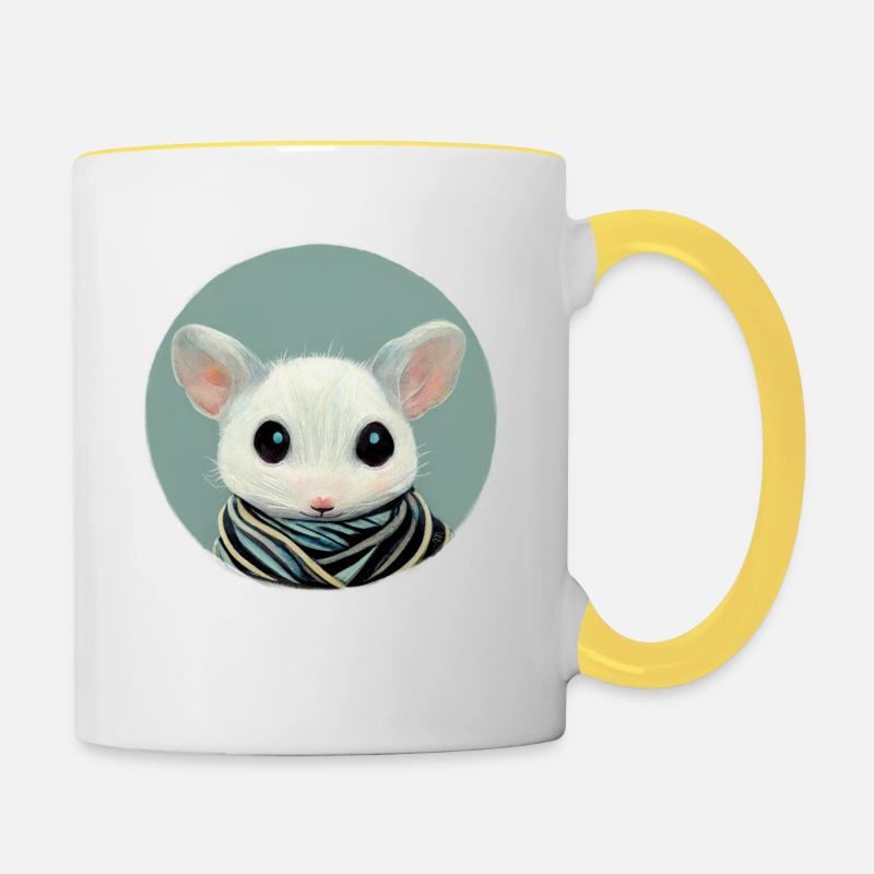 Small white mouse with scarf in a circle - Contrasting Mug - white/yellow