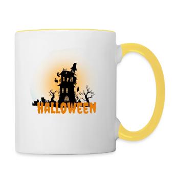 Halloween Gruselig Friedhof Mond Hexe Vampire - Tasse zweifarbig - Weiß/Gelb - Rechts