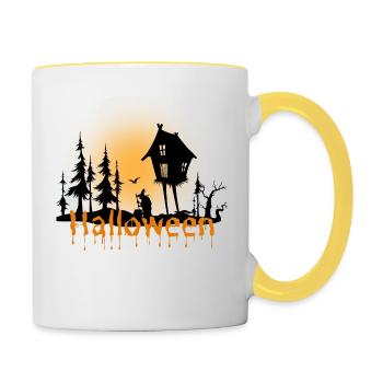 Halloween Gruselig Friedhof Mond Hexe Vampire - Tasse zweifarbig - Weiß/Gelb - Rechts