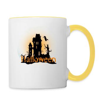 Halloween Gruselig Friedhof Mond Hexe Vampire - Tasse zweifarbig - Weiß/Gelb - Rechts