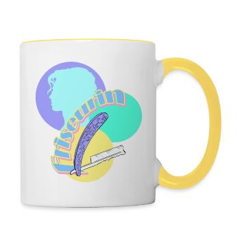 Friseurin Rasiermesser Frau Kopf Silhuoette - Tasse zweifarbig - Weiß/Gelb - Rechts
