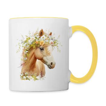 Niedliches Pferd mit Blumen - Tasse zweifarbig - Weiß/Gelb - Rechts