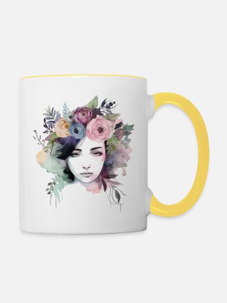 Frau mit Blumen - Tasse zweifarbig - Weiß/Gelb