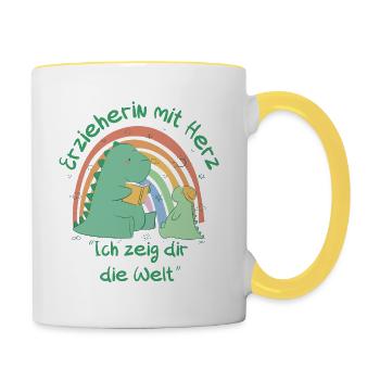 Erzieherin mit Herz "Ich zeig dir die Welt" - Tasse zweifarbig - Weiß/Gelb - Rechts