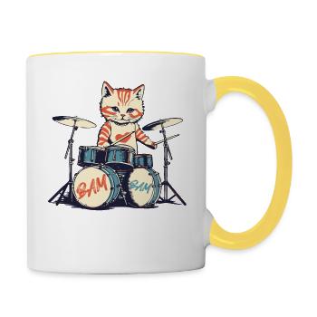 Retro Kitten Cute Cat Bam Drummer Vintage Design - Contrasting Mug - white/yellow - Right