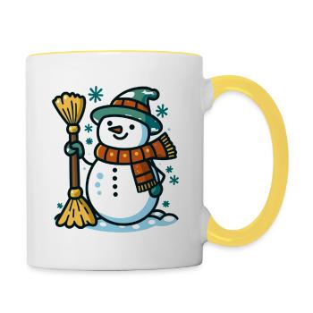 Schneemann mit Besen Ein charmantes Wintersaison-Design - Tasse zweifarbig - Weiß/Gelb - Rechts
