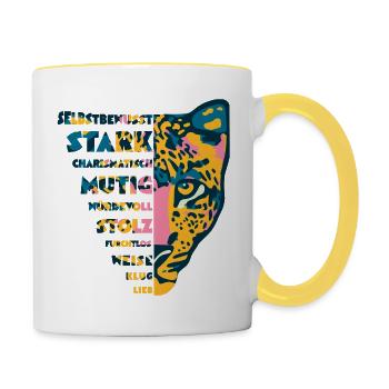 Löwe Kopf🦁 Selbstbewusst, Stark, Wündervoll, Lieb - Tasse zweifarbig - Weiß/Gelb - Rechts