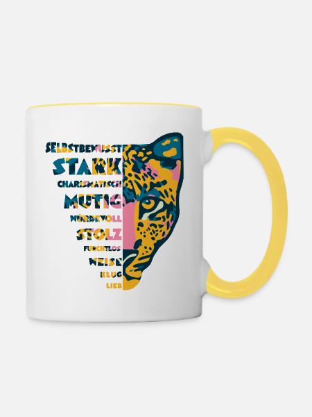 Löwe Kopf🦁 Selbstbewusst, Stark, Wündervoll, Lieb - Tasse zweifarbig - Weiß/Gelb