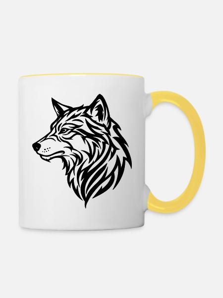 Wolf - Stammesstil - Tasse zweifarbig - Weiß/Gelb