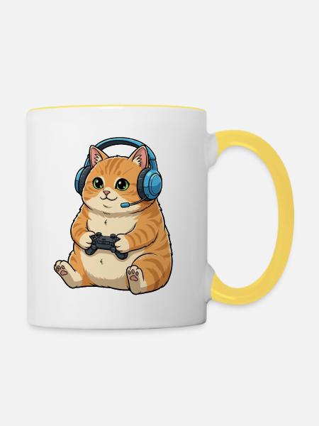 Gamer Katze mit Headset - Tasse zweifarbig - Weiß/Gelb