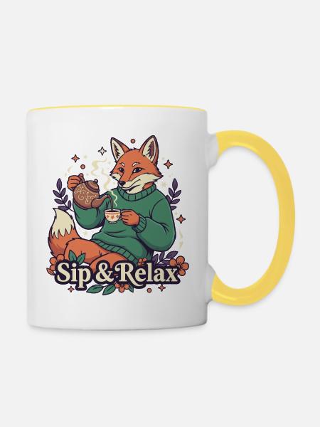 Fuchs Teezeit – Ruhe genießen - Tasse zweifarbig - Weiß/Gelb