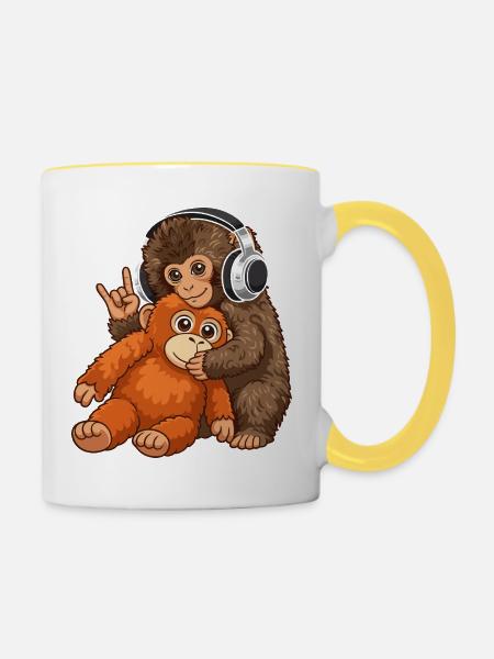 Monkey Punch Affe Musik hören - Tasse zweifarbig - Weiß/Gelb