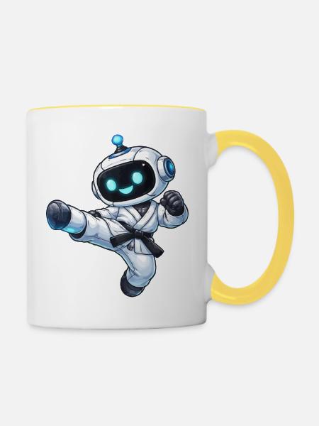Kampfroboter im Karate-Gi - Tasse zweifarbig - Weiß/Gelb