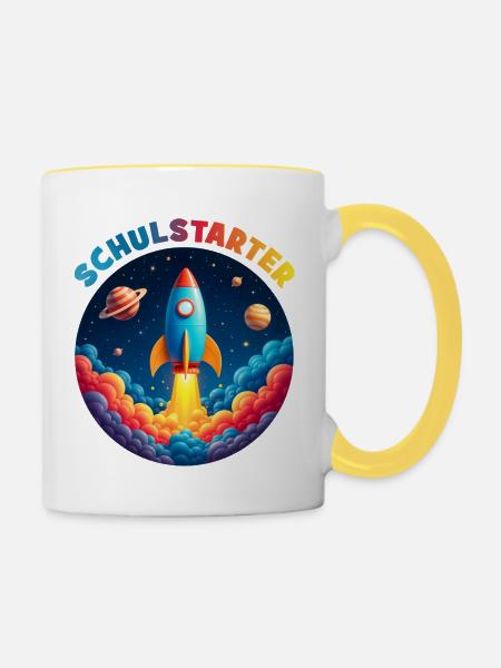 Lustige Bubble Rakete mit Planeten - Schulstarter - Tasse zweifarbig - Weiß/Gelb