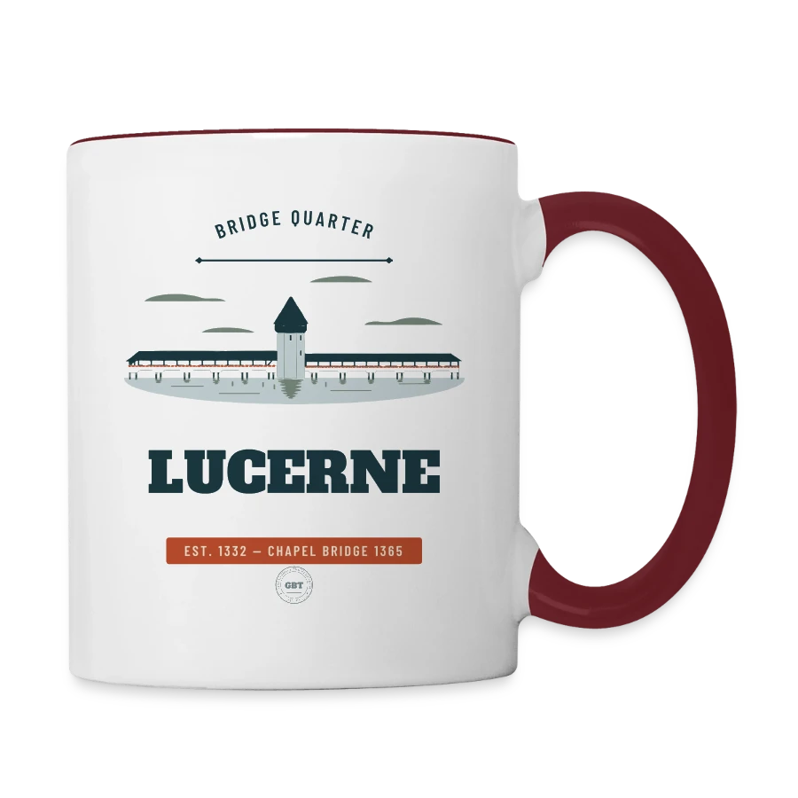 Lucerne badge on a contrasting mug, white/maroon