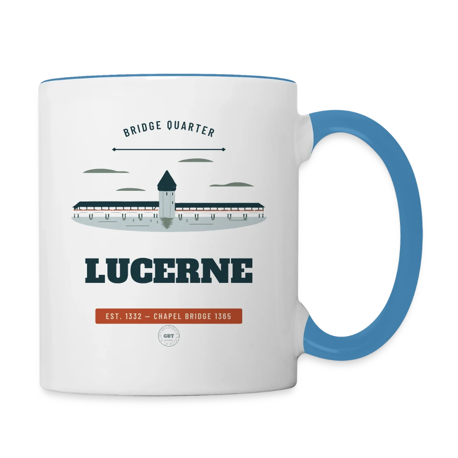 Lucerne badge on a contrasting mug, white/light blue