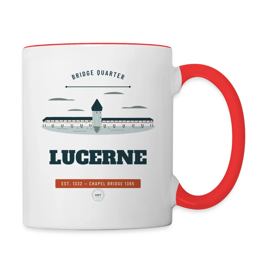Lucerne badge on a contrasting mug, white/red