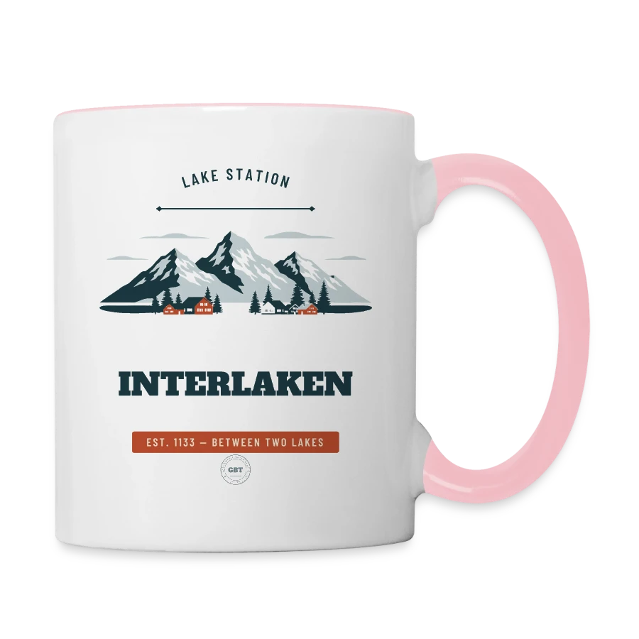 Interlaken badge on a contrasting mug, white/pink