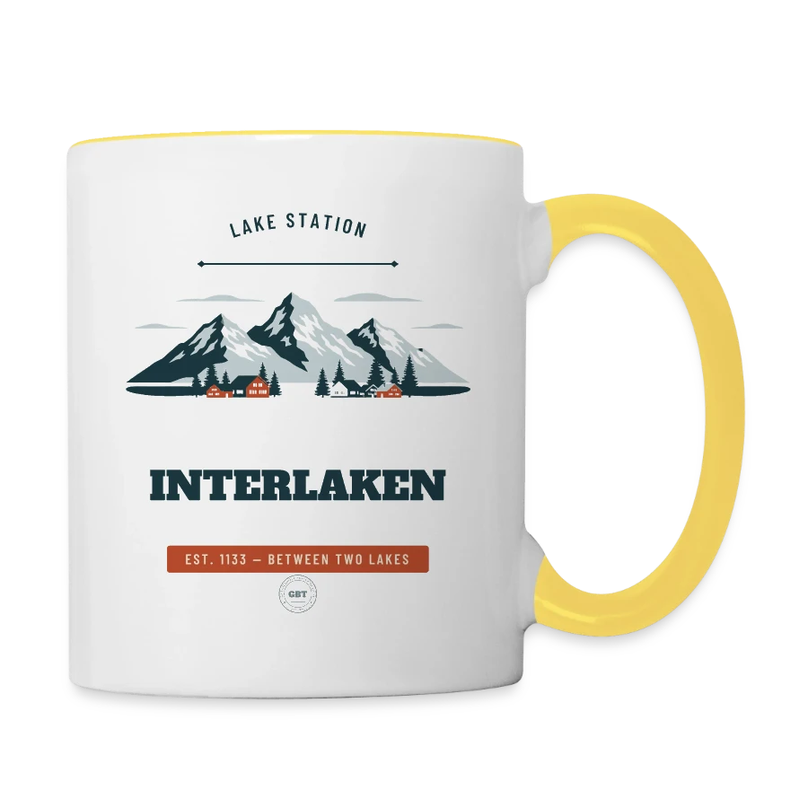 Interlaken badge on a contrasting mug, white/yellow