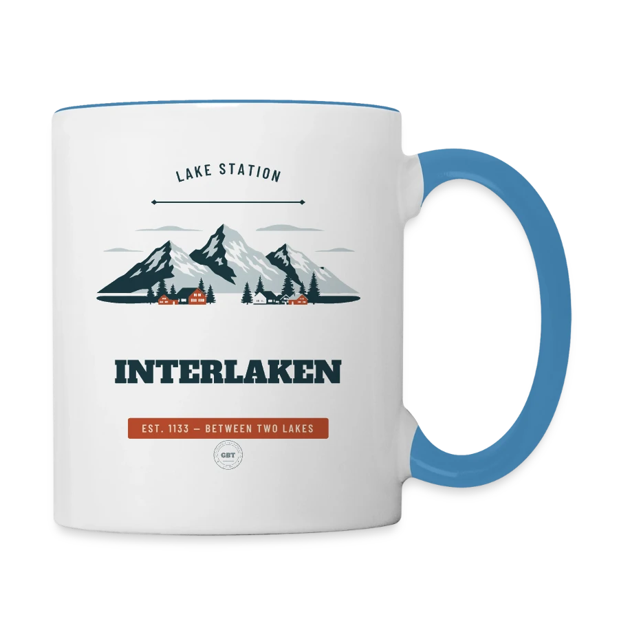 Interlaken badge on a contrasting mug, white/light blue