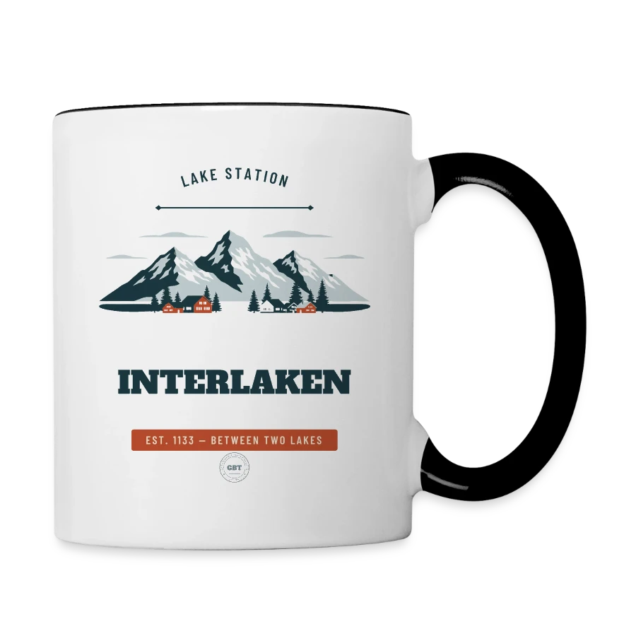 Interlaken badge on a contrasting mug, white/black