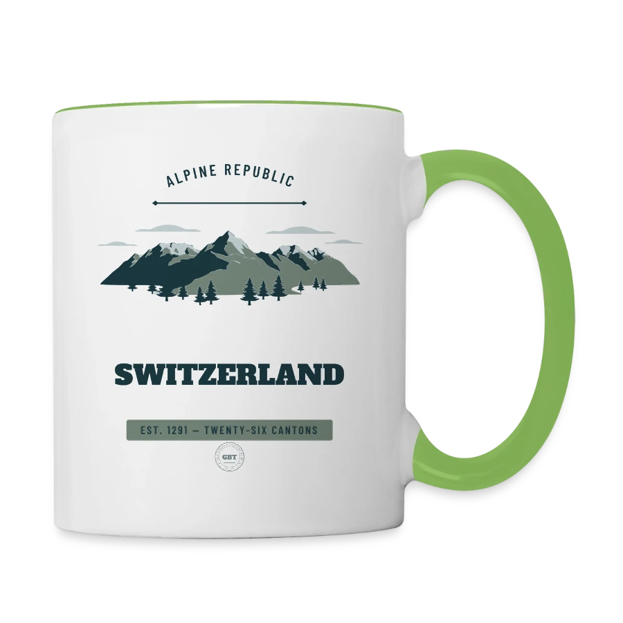 Switzerland badge on a contrasting mug, white/green gecko
