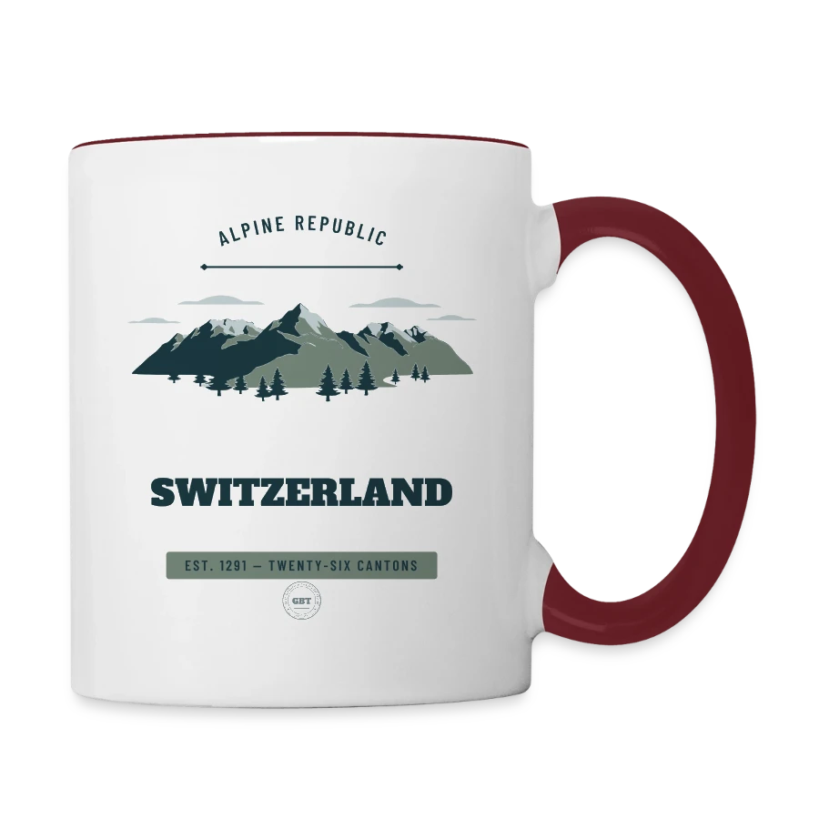 Switzerland badge on a contrasting mug, white/maroon