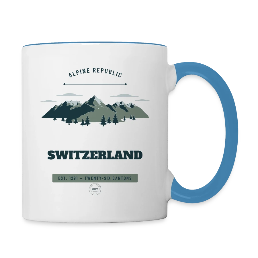 Switzerland badge on a contrasting mug, white/light blue