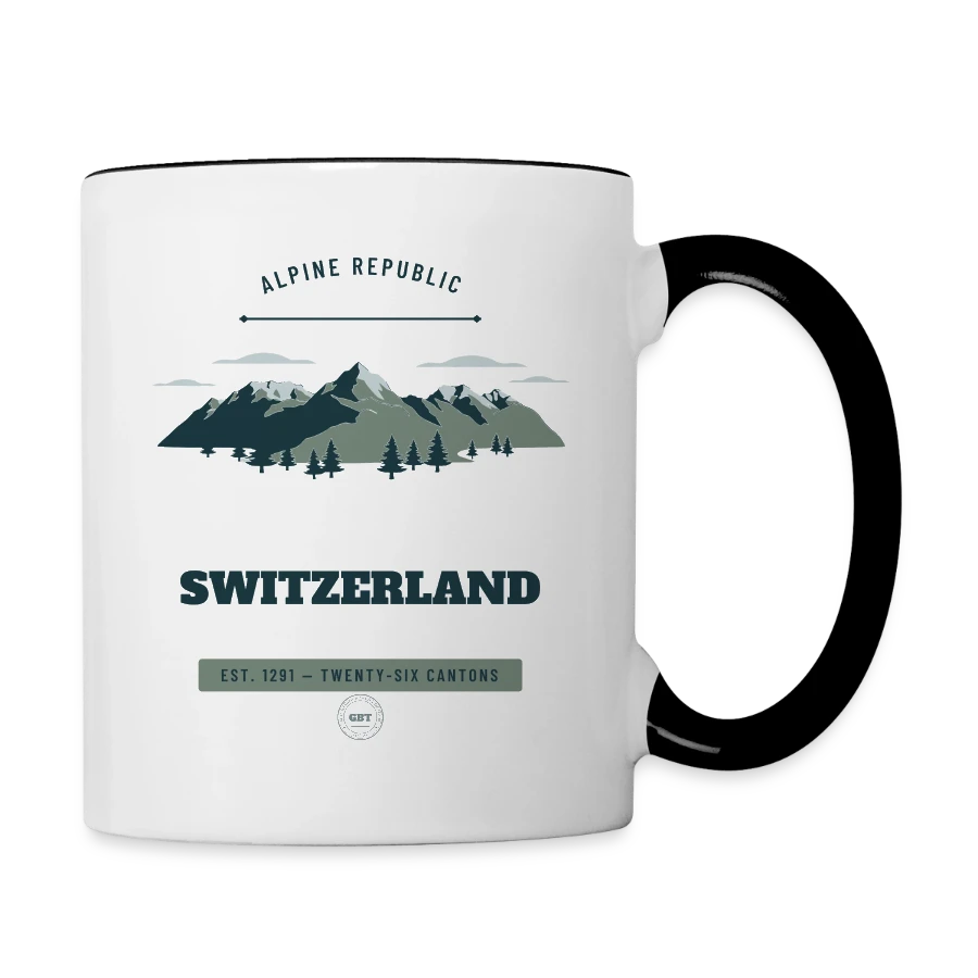 Switzerland badge on a contrasting mug, white/black
