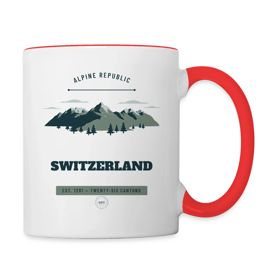 Switzerland badge on a contrasting mug, white/red